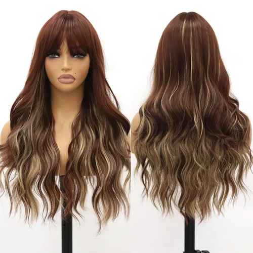 Vista 10 de Pelucas de cabello ondulado rojo con flequillo, transpirable, resistente al calor, pelo de fibra sintética, largo de 24 pulgadas rizado, marrón 99J