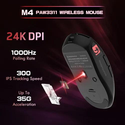 Vista 3 de ATTACK SHARK × MAMBASNAKE M4 Mouse inalámbrico para juegos, 24000 DPI ajustable PAW3311 Sensor óptico, botones programados, 1.83 oz Ratones Negro