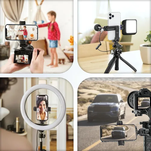Vista 6 de Kaitezenz Soporte de trípode para teléfono celular, soporte universal para teléfono con 2 zapatos fríos, gira 360° inclina 180° para cámara, zapata