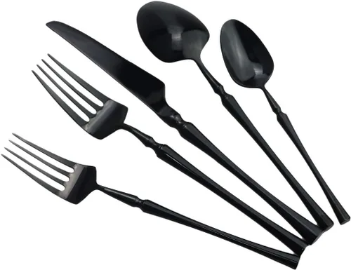 Vista 3 de Juego de cubiertos negros de 5 piezas de acero inoxidable 18/10 para 1, acabado espejo, ideal para bodas, festivales, fiestas, cocina en casa, apto