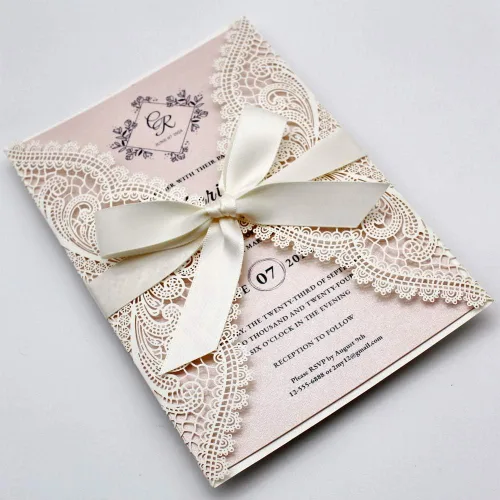 Vista 2 de 1 muestra de invitación de boda de 5 x 7 pulgadas, corte láser, invitaciones de boda rosa rubor de encaje con sobres para bodas, despedidas