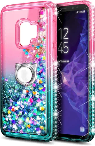 Vista 2 de Funda para Samsung Galaxy S9 con protector de pantalla (cobertura máxima, película de TPU flexible), soporte de anillo/correa de muñeca, líquido que
