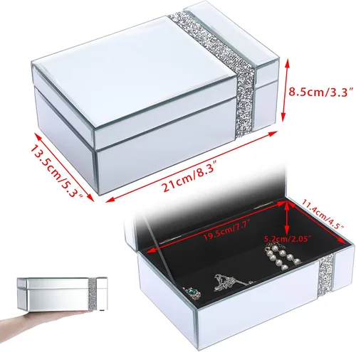 Vista 7 de Hipiwe Joyero de cristal con diamantes de imitación organizador de baratijas con espejo plateado caja decorativa de almacenamiento para mujeres