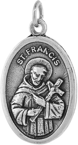 Vista 2 de Collar de plata esterlina con medalla de San Francisco con acabado oxidado, cadena ovalada de 0.071in