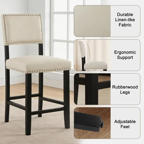 Vista 6 de LSSBOUGHT Taburete de bar tapizado de tela de lino con patas de madera de goma, silla de bar con ribete clavado para isla de cocina