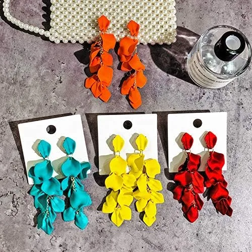 Vista 4 de Pendientes largos colgantes con borla y pétalos de rosa de resina para colgar con borla floral para mujeres y niñas, regalos elegantes de joyería
