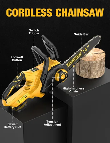 Vista 7 de Motosierra eléctrica sin escobillas de 14 pulgadas inalámbrica para batería Dewalt de 20 V, motosierra compacta con engrasador automático, retroceso
