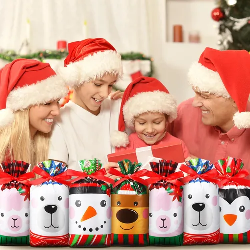 Vista 6 de Funrous 50 bolsas de dulces de Navidad a granel, bolsas de plástico con cordón de regalo, alce, muñeco de nieve, pingüino, bolsas de regalos