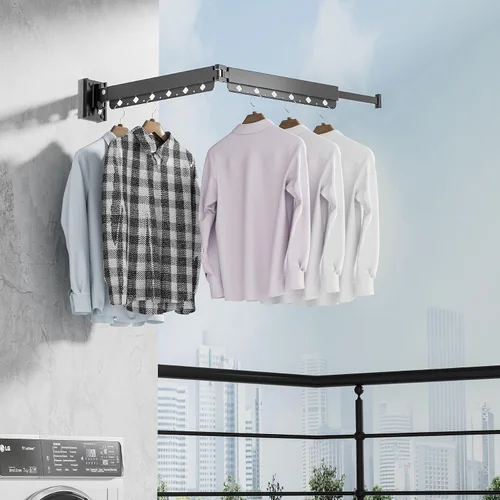 Vista 4 de Estante de Secado de Ropa, Tendedero de Ropa Retráctil y Plegable para Montaje en Pared para Interior, Estante de Colgar Ropa Ahorrador de Espacio