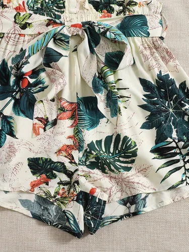 Vista 4 de Floerns Mameluco de verano para mujer, estampado tropical, sin mangas, cuello con muescas, cintura alta