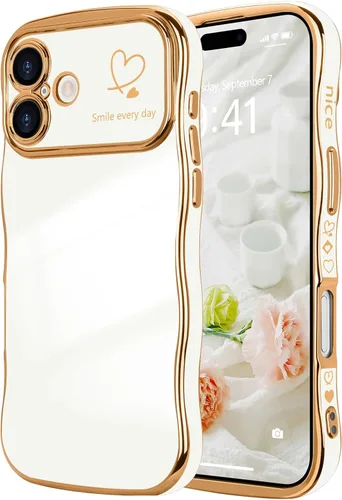 Vista 126 de LCHULLE - Funda para iPhone Air, linda para mujeres y niñas, con forma de onda, color azul bebé Luxury Plating Curly Wavy Frame with Love Heart