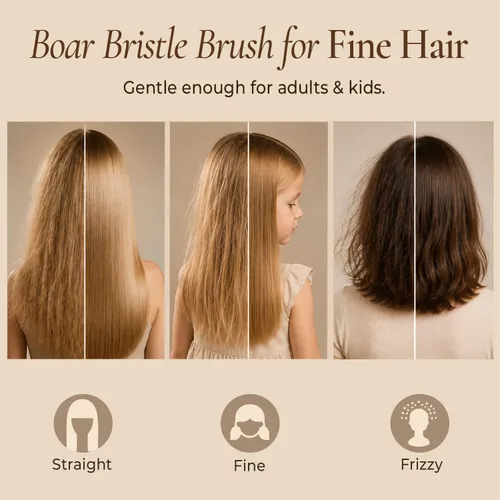 Vista 3 de Cepillo de cerdas de jabalí para mujeres y hombres, cepillo de pelo natural 100% cerdas suaves de jabalí para cabello fino y delgado