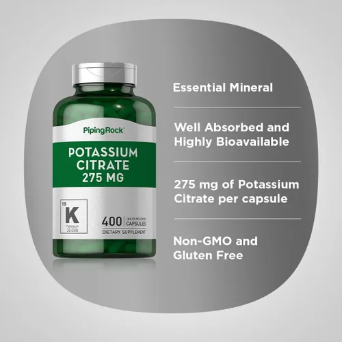 Vista 4 de Piping Rock Suplemento de citrato de potasio 275 mg 400 cápsulas Sin OMG, sin gluten