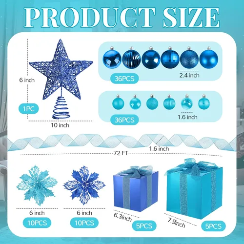 Vista 2 de Skylety Juego de 104 piezas de decoraciones para árbol de Navidad, adorno colgante azul de Navidad, bolas para árbol, estrella para la punta, flor