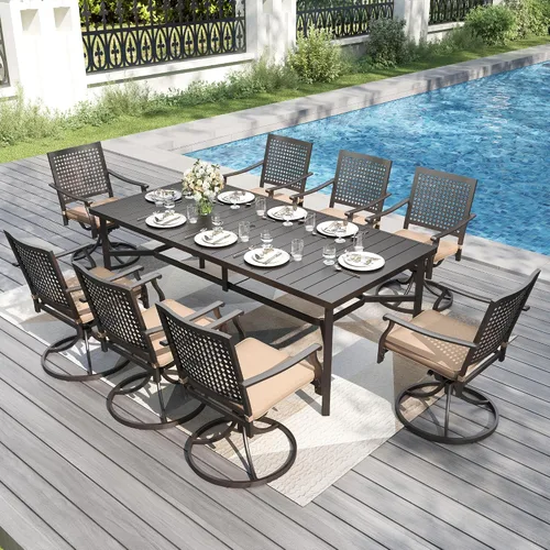 Vista 10 de PHI VILLA Juego de comedor al aire libre de 5 piezas para 4, sillas apilables con cojines y mesa cuadrada de madera de 37 pulgadas con agujero