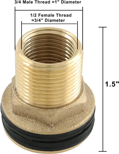Vista 6 de 2 piezas de accesorios de mamparo de latón, conector de tanque de agua macho de 1/2 pulgada hembra de 3/4 pulgadas con 2 anillos de goma