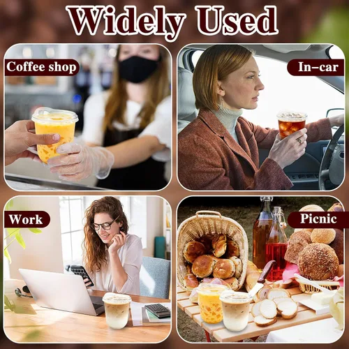 Vista 4 de Paquete de 60 vasos de plástico transparente con tapas para sorber sin pajilla, vasos desechables de PET cristal de 12 onzas para café helado