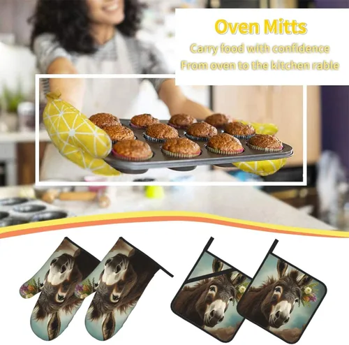 Vista 7 de Juego de 4 guantes de horno y soportes para ollas con estampado de animales burros, resistentes al calor, antideslizantes, guantes de horno