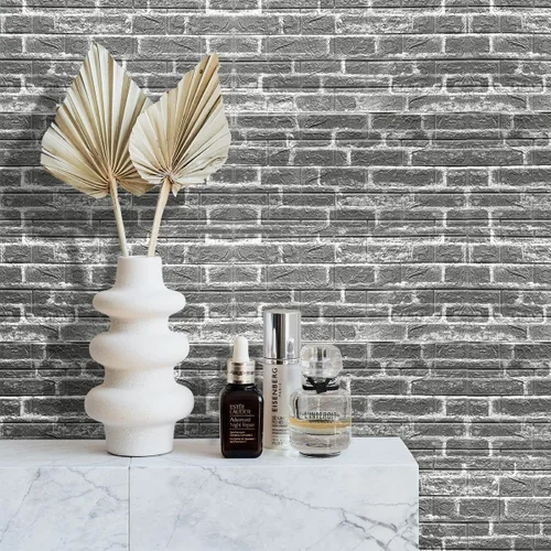Vista 2 de Paneles de pared de espuma autoadhesivos 3D, 10 azulejos que cubren 57 pies cuadrados, papel tapiz de piedra para despegar y pegar para sala