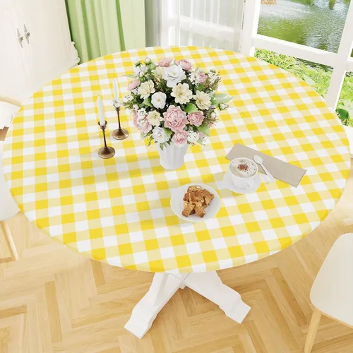 Vista 11 de Smiry - Mantel redondo de picnic de vinilo elástico impermeable con respaldo de franela, mantel de vinilo ajustable para mesas de 31-35 pulgadas
