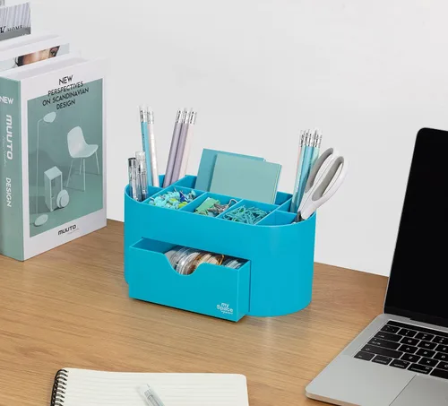 Vista 5 de My Space Organizers Organizador de escritorio azul para suministros de oficina y accesorios de escritorio, soporte para bolígrafos, organización