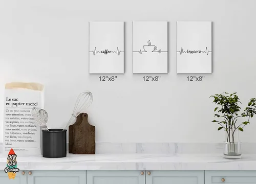 Vista 2 de HB Art Design Coffee Happiness Line Art 3 Panel Canvas Print Set Wall Art Coffee Bar Decor Coffee Signs Kitchen Wall Decor Dining Room Restaurant