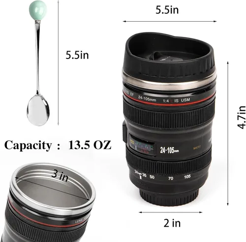 Vista 3 de Taza de café con lente de cámara, taza de café de viaje, taza de lente de acero inoxidable, termo con tapa y cuchara, regalos geniales