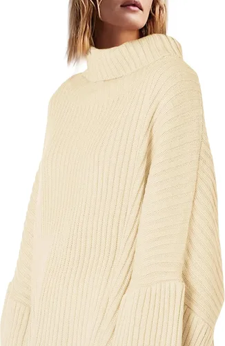 Vista 4 de Langwyqu Suéteres de cuello alto de gran tamaño para mujer, manga larga de murciélago, de punto acanalado, casual, holgados, túnica