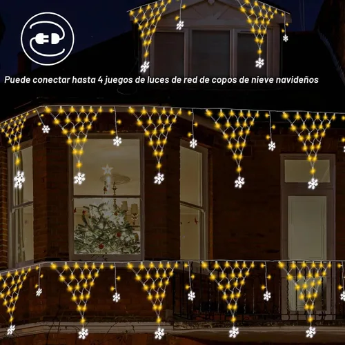 Vista 4 de DBFAIRY Red de luces de Navidad para exteriores, 207 luces LED de red de 13.1 pies de largo x 1.9 pies de alto, con 12 copos de nieve colgantes Copo