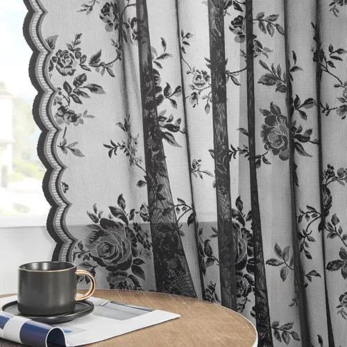 Vista 22 de Cortinas de encaje beige, juego de 2 paneles de cortinas traslúcidas con bolsillo para cortinero, decoración de ventana pequeña, baño, sótano