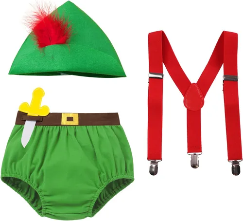Vista 8 de IMEKIS Disfraz verde de Halloween para bebé, disfraz de Halloween, sombrero con capucha y plumas, cinturón para el primer cumpleaños
