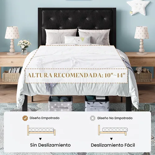 Vista 7 de SHA CERLIN Base de cama de plataforma tamaño individual con estructura de metal, cabecero tapizado de cuero PU con botones, base de colchón con 31.5