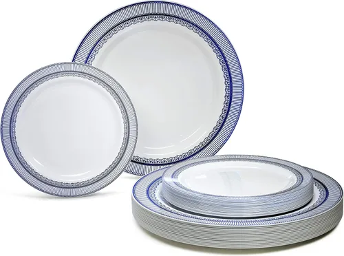 Vista 6 de OCASIONES" Paquete de 50 platos (25 invitados) - Juego de platos de plástico desechables pesados para fiestas de boda - 25 x 10.5'' cena + 25 x