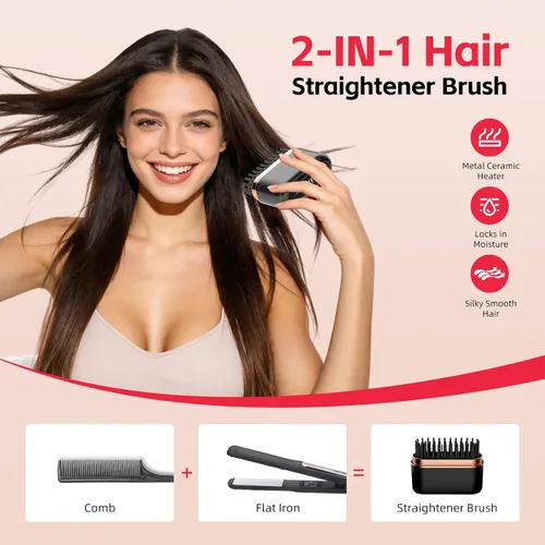 Vista 4 de Mini cepillo alisador de pelo, alisador de pelo portátil, peine alisador de viaje inalámbrico para mujeres, cepillo de calentamiento rápido