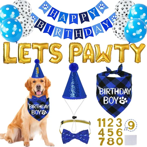 Vista 9 de STMK Decoraciones de cumpleaños para perros, sombrero de cumpleaños de perro de varios tamaños con números, bandana, corbatín, bandera, bandera