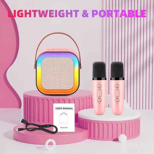 Vista 5 de Máquina de karaoke para niños, máquina de karaoke para niñas con 2 micrófonos inalámbricos, mini altavoz Bluetooth portátil para niños, máquina
