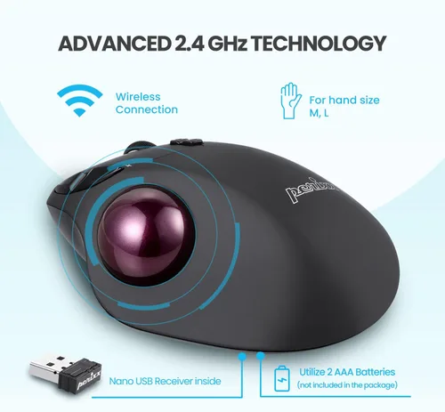 Vista 7 de Perixx 11568 Perimice-717 - Ratón inalámbrico de Trackball, Trackball integrado de 1.34 pulgadas con función de señalización, 5 botones