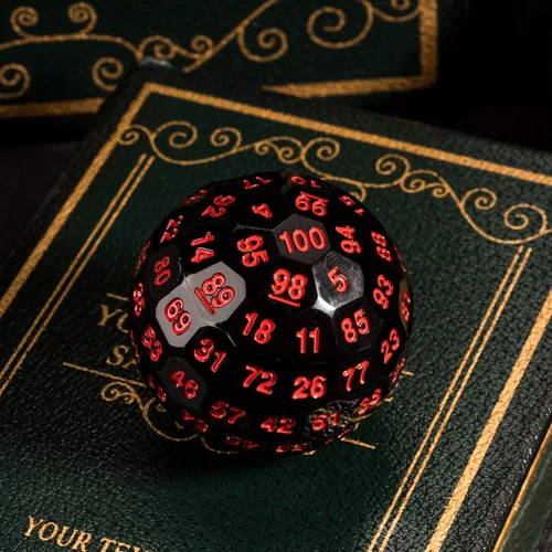 Vista 5 de Dados poliédricos mejorados de 100 caras (D100), 1.969 in, fuente negra/roja, dado único, dados de juego D&D, lata de almacenamiento de metal