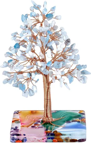 Vista 2 de Nupuyai Árbol de dinero de piedra de cristal aguamarina envuelto en rodajas de ágata orgón, árbol de la vida, bonsái de Feng Shui, decoración