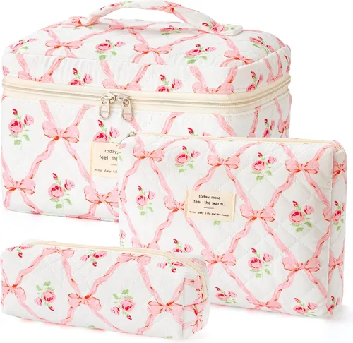 Vista 35 de HBselect Bolsa de Maquillaje Acolchada, 3 Piezas de Gran Bolsa de Maquillaje de Viaje de Algodón, Linda Bolsa de Maquillaje Floral Coquette, Bolsa