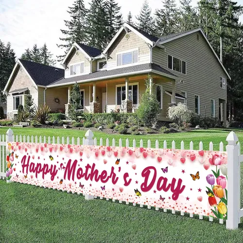Vista 4 de Decoraciones para el día de la madre, pancarta de feliz día de la madre, tamaño grande, diseño floral rosa con mariposas, decoración para el día