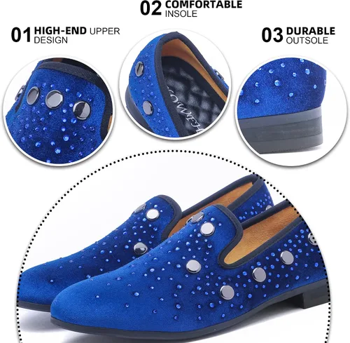 Vista 5 de Mocasines de terciopelo con diamantes de imitación para hombre, zapatos de vestir con placa dorada, zapatos de fumar sin cordones para fiestas