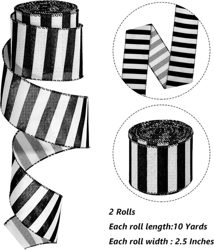 Vista 2 de Syhood - 20 yardas 2 rollos de cinta negra y blanca, cinta decorativa de rayas horizontales de Navidad, cinta espiral con alambre para decoración