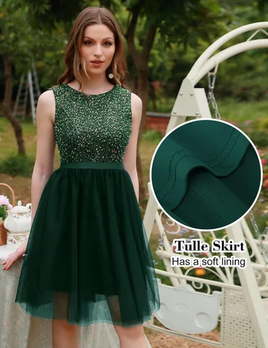 Vista 4 de BeryLove Vestido de lentejuelas vintage una línea de boda formal vestido de tul sin mangas vestido de cóctel mini vestido