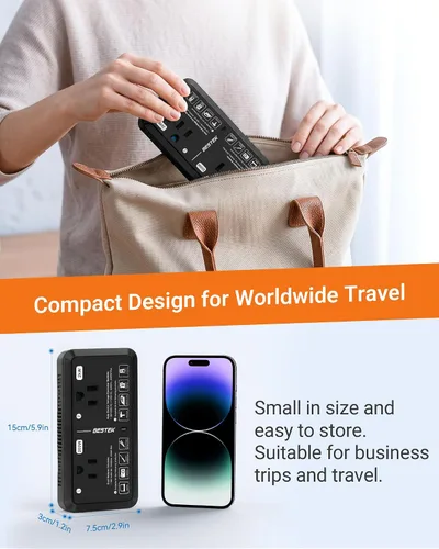 Vista 7 de Adaptador de enchufe de viaje europeo de 220 V a 110 V Convertidor de voltaje de EE. UU. a Europa 2000 W Convertidor de voltaje de viaje con 2 Negro