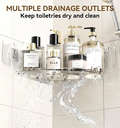 Vista 4 de Organizador esquinero para ducha, paquete de 3 unidades, acrílico transparente Large Capacity, Corner Shower Shelves with Soap Holder and Hooks