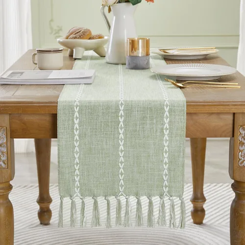 Vista 7 de Wracra Camino de mesa de lino rústico estilo granja, camino de mesa bordado de 36 pulgadas de largo con borlas a mano para fiestas, decoración