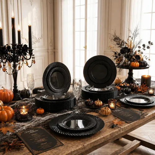 Vista 6 de WELLIFE 100 platos de plástico negro para fiestas, platos desechables negros incluyen 50 platos de postre y 50 platos llanos para bodas, cumpleaños