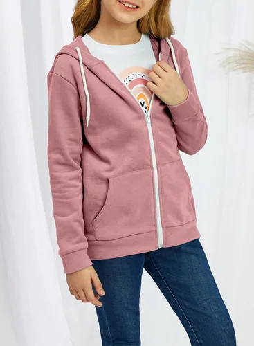 Vista 5 de Sidefeel Sudadera con capucha de manga larga con cremallera para niñas, abrigo casual con bolsillos 4Y-13Y