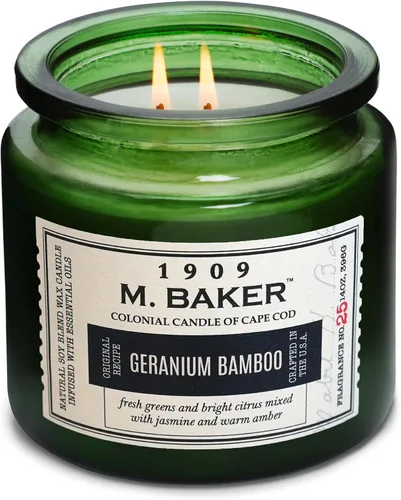 Vista 3 de Colonial Candle Vela perfumada de bambú de geranio, vela de cera de mezcla de soja natural de 2 mechas con aceites esenciales, vela en tarro